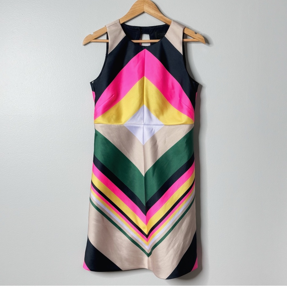 J Crew Petite Shift Dress Colorful Stripe Sleeveless Zip Back Pink Yellow Navy - Picture 3 of 15